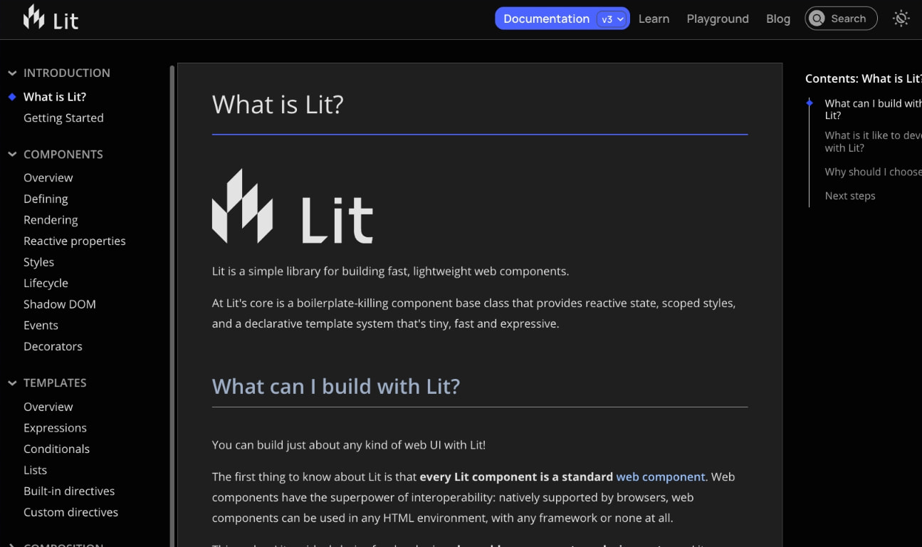 Dark-themed documentation page with left navigation sidebar, article content, and right table of contents captured website design