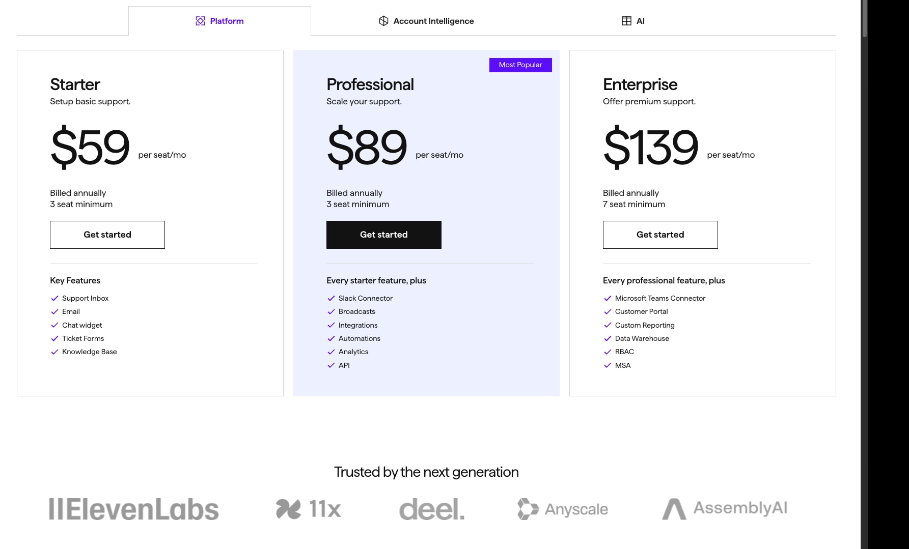 Three-tier pricing cards with purple Most Popular badge, black filled primary CTA, and social proof logo bar below captured website design