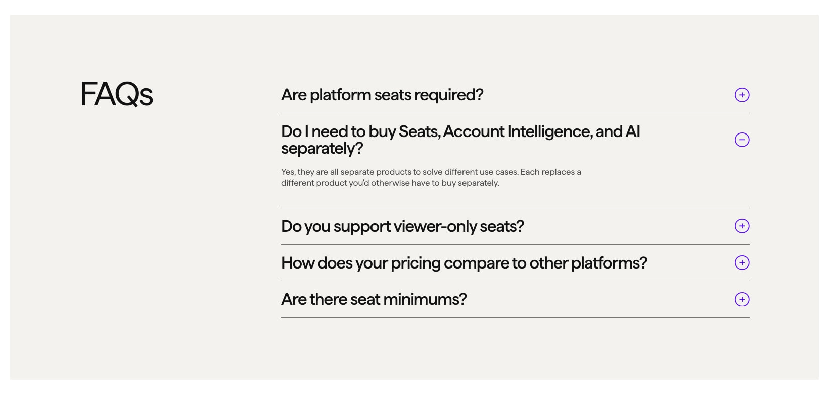FAQ accordion section with light warm-gray background, purple circular toggle icons, and left-aligned section heading captured website design