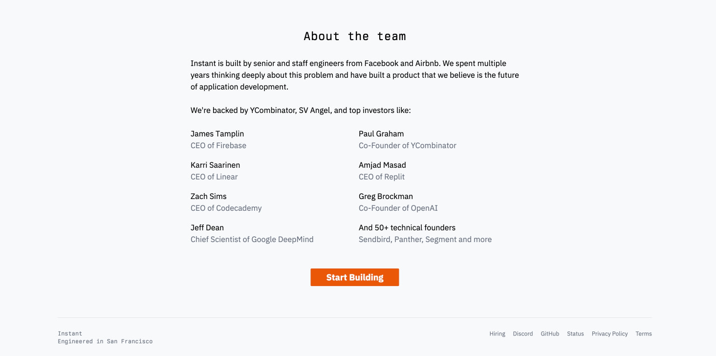 About section with monospace heading, two-column investor list, orange Start Building CTA, and monospace footer metadata captured website design