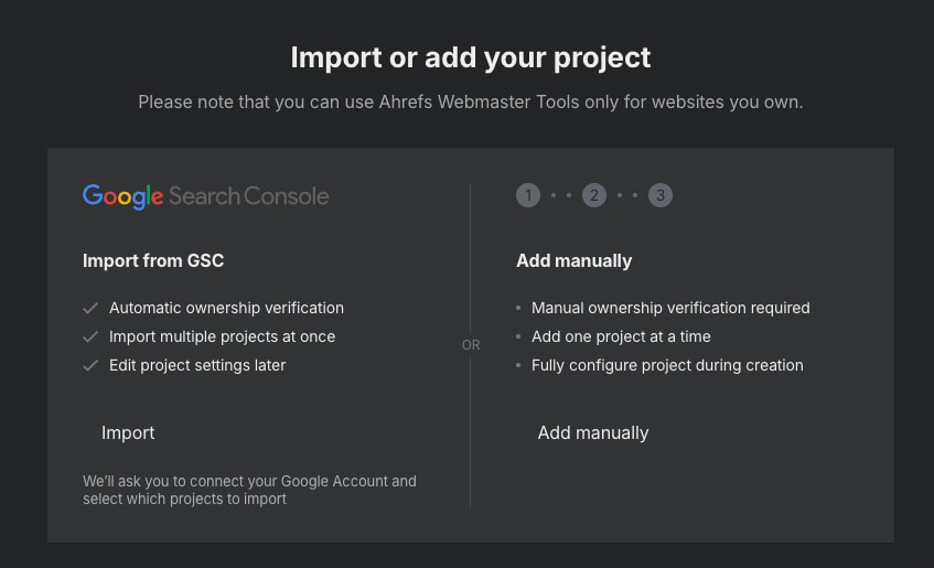 Project import page with two-panel layout, Google Search Console branding, and step indicator on dark background captured website design