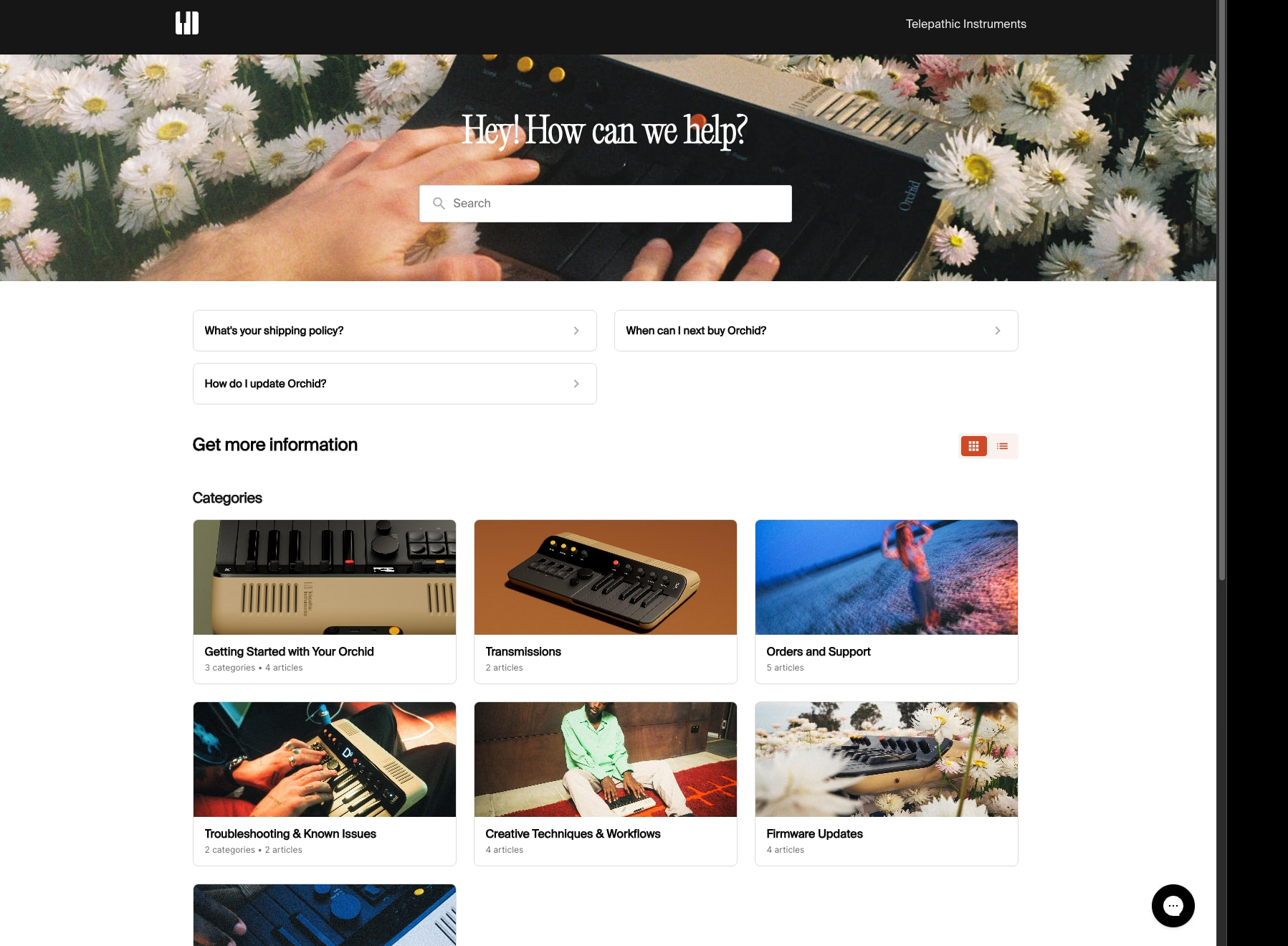 Telepathic Instruments Help Center captured website design