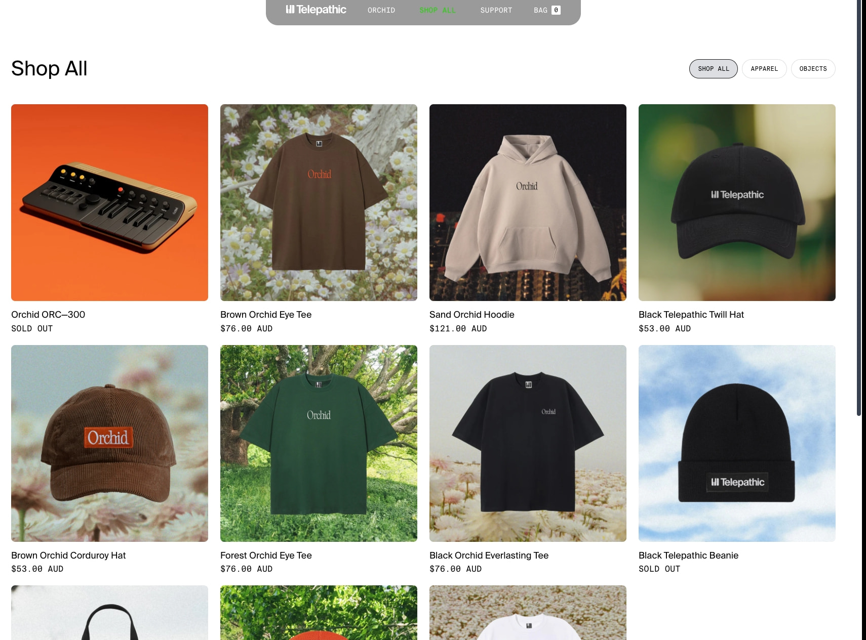 Shop All collection page showing product grid with Orchid instrument, apparel, and accessories on white background with pill-shaped category filters captured website design