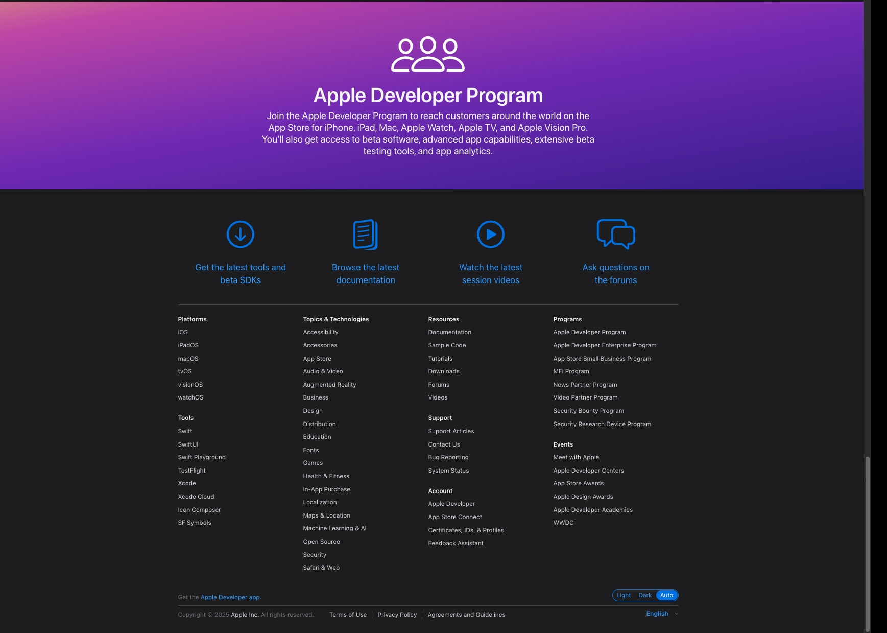 Apple Developer Program hero banner with purple gradient background, white iconography, and dark footer with multi-column navigation links captured website design