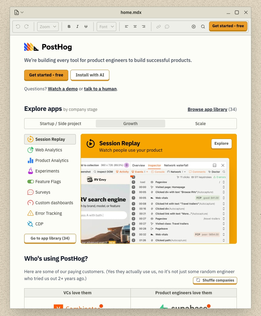 Captured design matching posthog.com captured website design