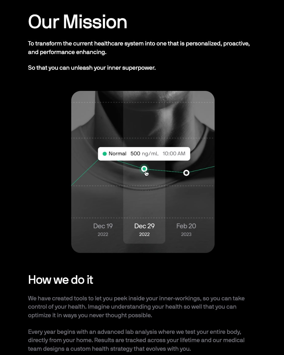 Dark-themed mission section with large white heading, supporting text, and a centered health dashboard card showing biomarker tracking with green accent indicators. captured website design