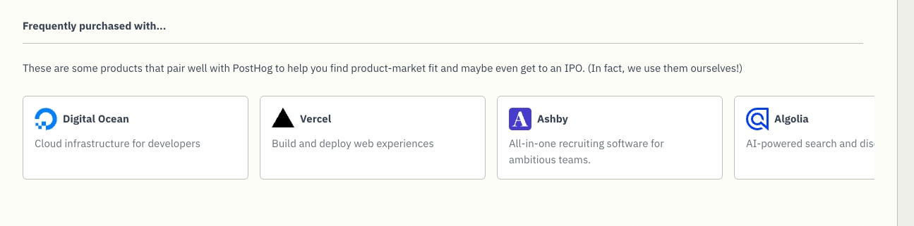 Partner product cards in horizontal row with logo icons, bold names, and muted descriptions with light borders captured website design