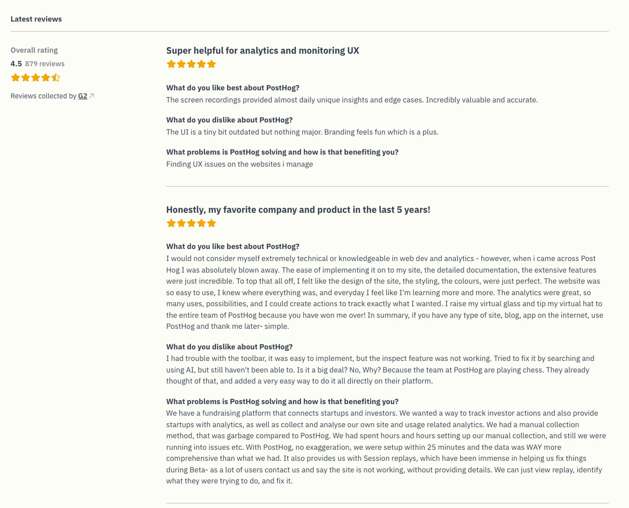 G2 review section with star ratings, bold review headings, and long-form customer testimonial paragraphs captured website design