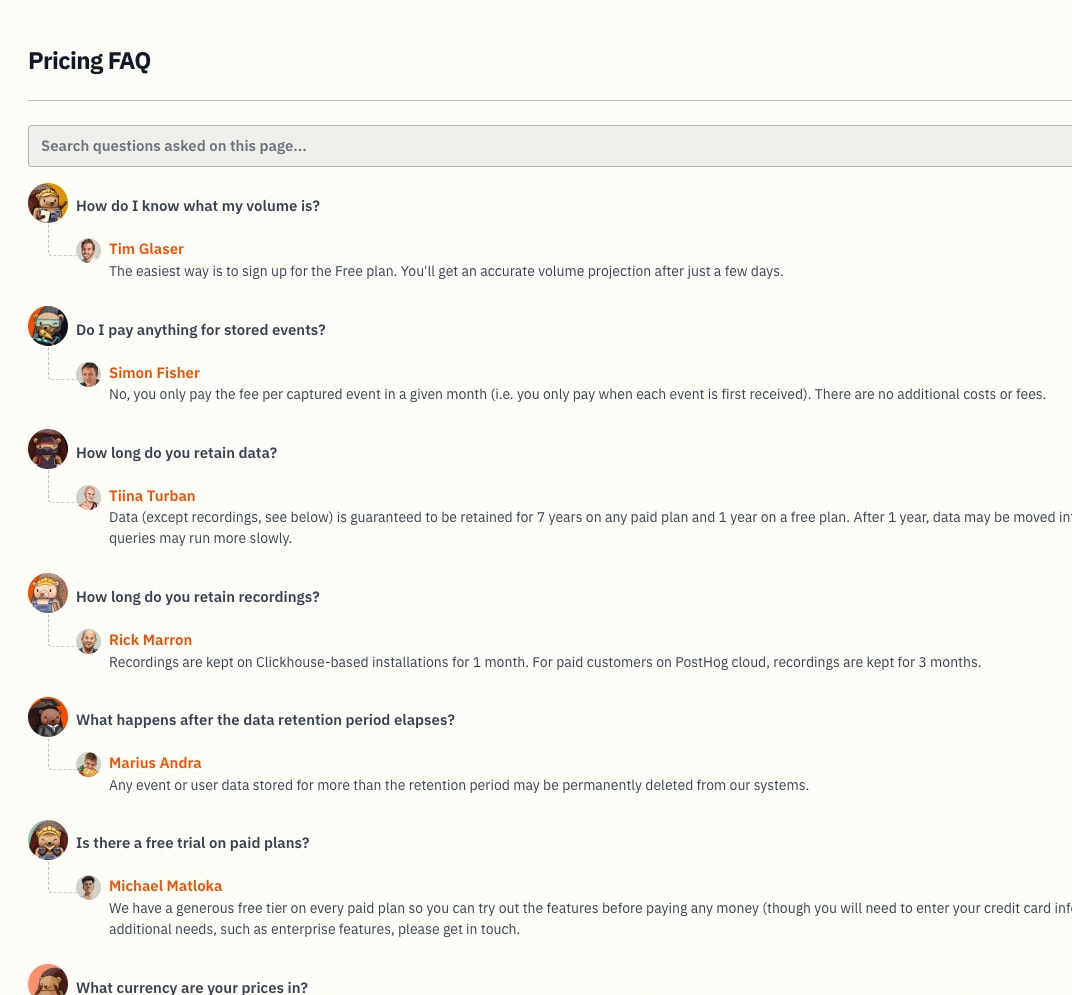 Pricing FAQ section with search input and threaded avatar-answered questions on off-white background captured website design