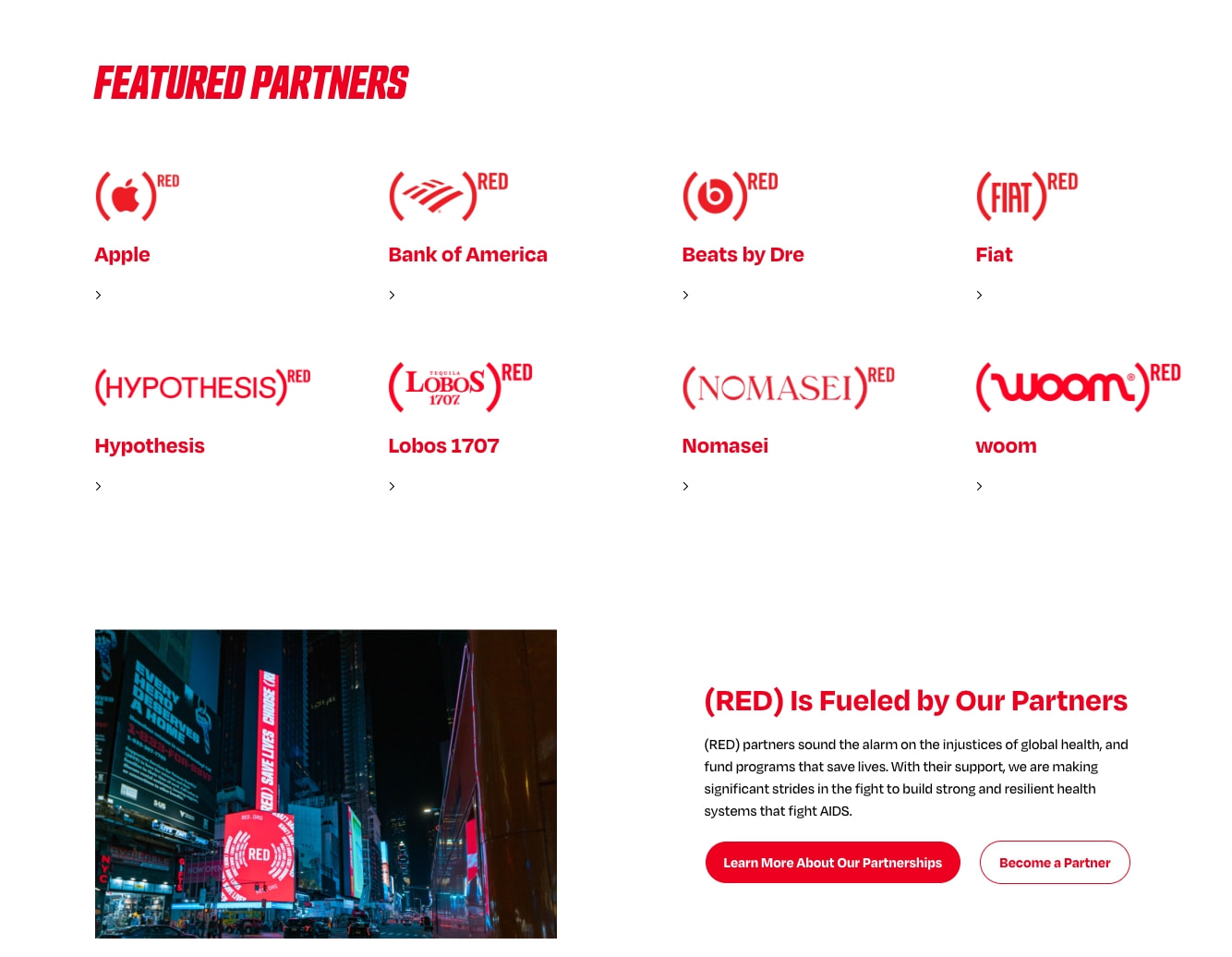 Featured Partners grid showing eight brand logos in two rows, followed by nighttime city billboard image with partnership call-to-action buttons captured website design