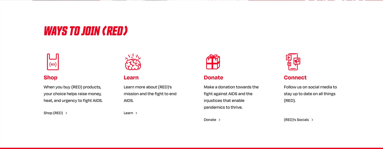 Ways to Join section with four-column grid of Shop, Learn, Donate, Connect options with red outline icons and red headings on white background captured website design