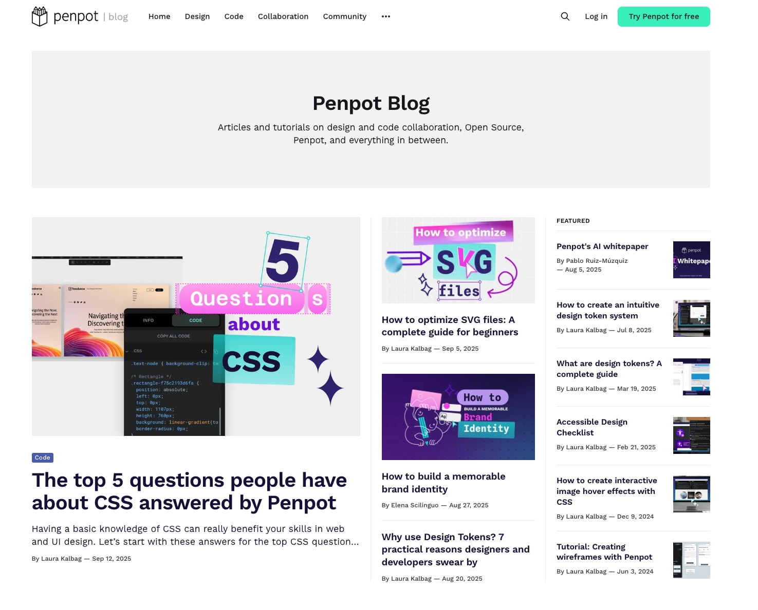Blog index hero with Penpot Blog title, featured article grid with large CSS questions card, and sidebar recommendations. captured website design