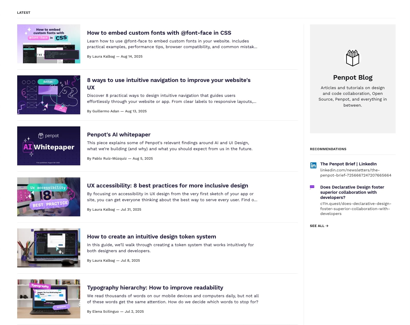 Blog listing page showing article cards with thumbnail images, titles, excerpts, and author metadata in a two-column layout with sidebar. captured website design