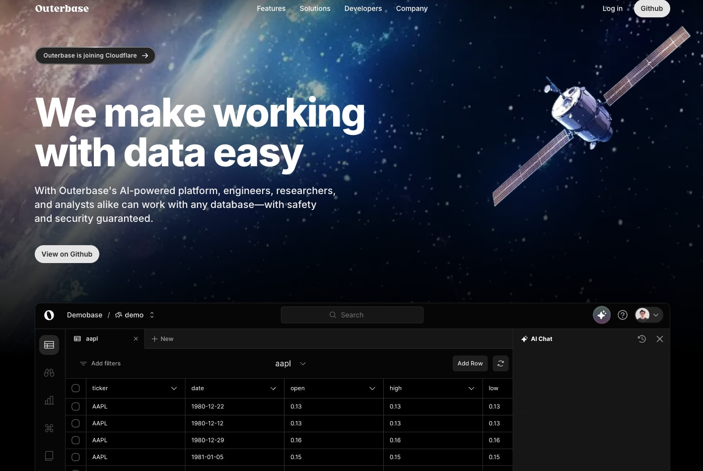 Outerbase | The interface for your database captured website design