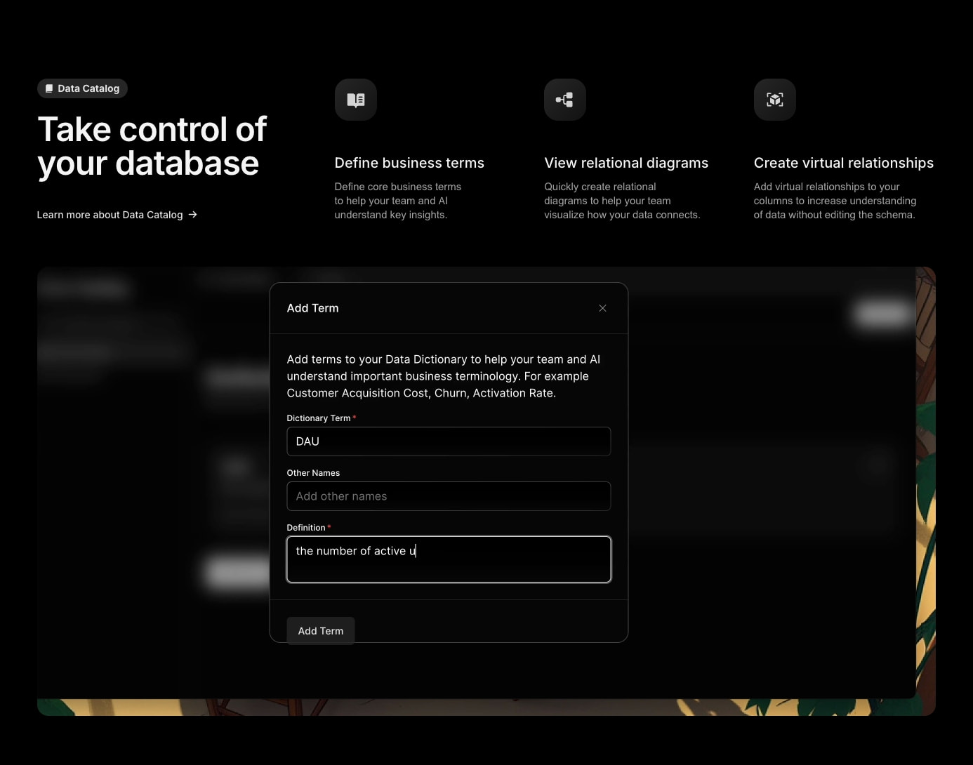 Data Catalog feature section with modal dialog showing form inputs and feature icon cards captured website design