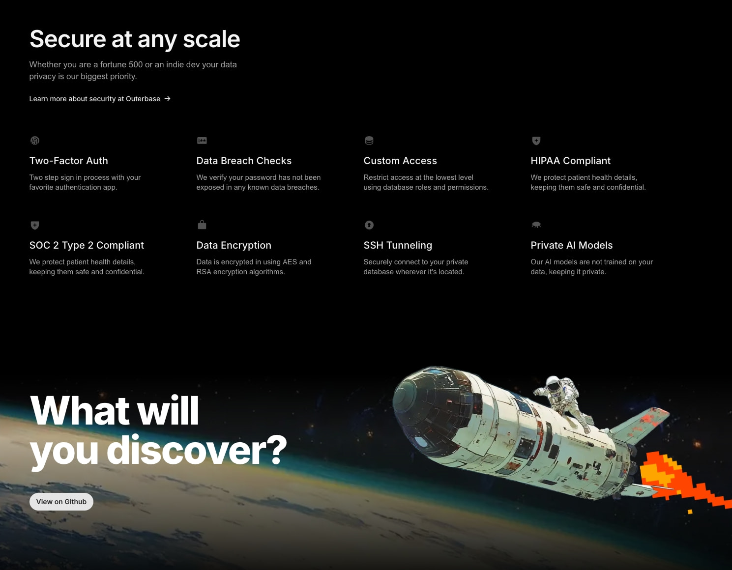 Security features grid with eight capability cards and repeated spacecraft hero illustration captured website design