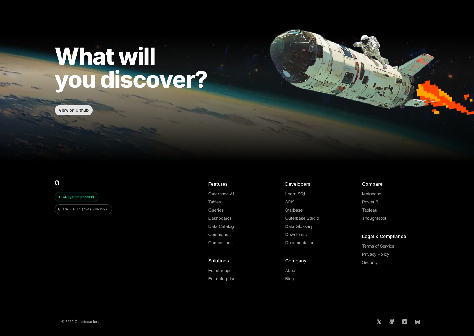 Hero section with astronaut spacecraft illustration over Earth horizon and dark footer with green status indicator captured website design
