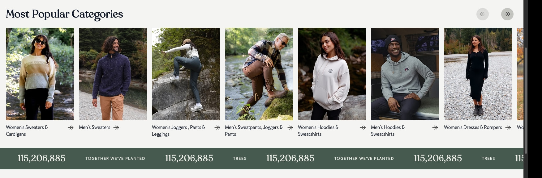 Category carousel with outdoor lifestyle photography and scrolling tree-planting counter banner captured website design