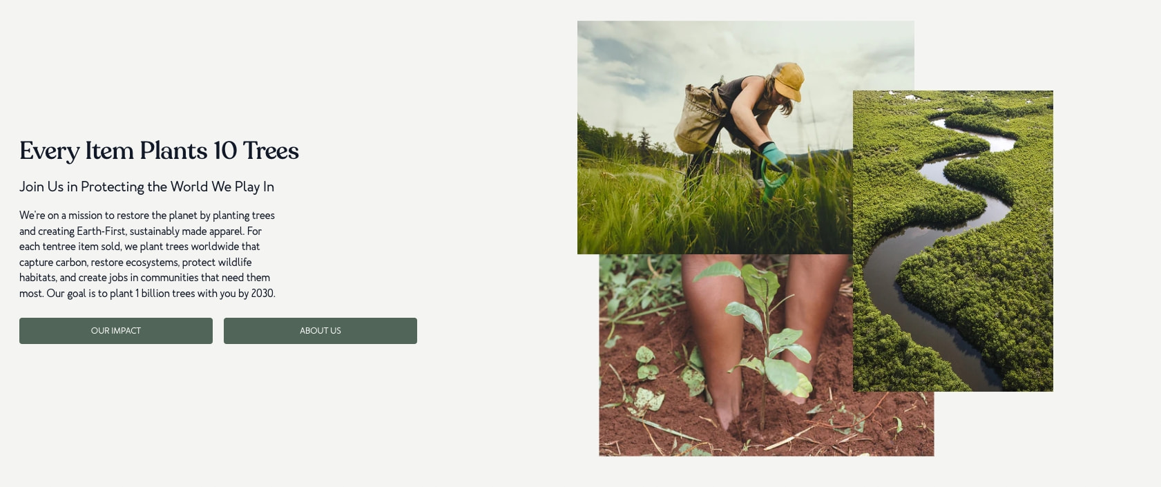 Hero mission statement with overlapping nature photography collage and two dark green CTA buttons captured website design