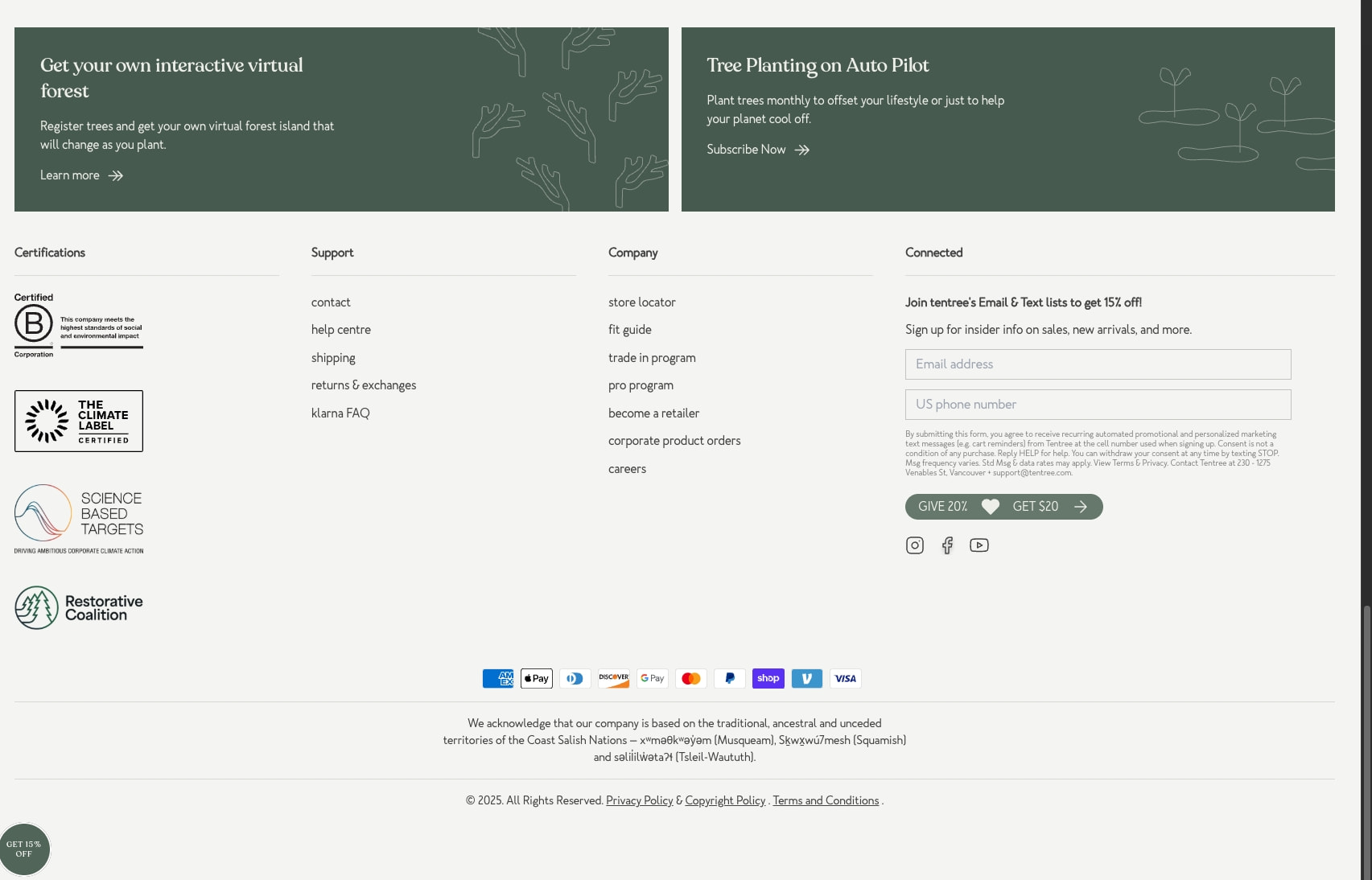 Footer section with dark green promotional panels, certification badges, email signup form, and social links on light background captured website design