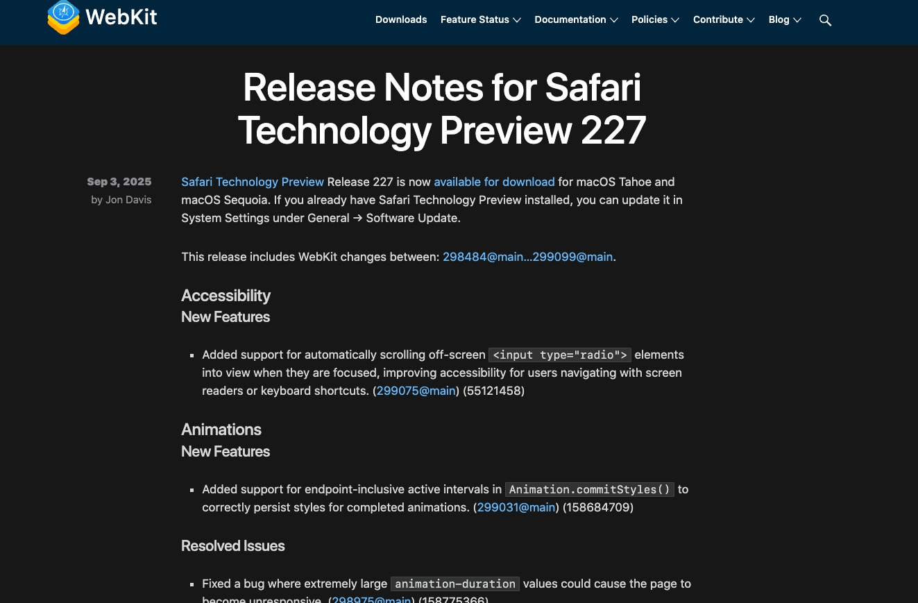 Blog article page with dark charcoal background, white display typography, and blue hyperlink accents in the WebKit header and body content captured website design