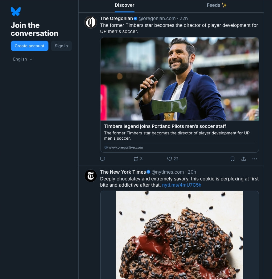 Bluesky Discover feed with left sidebar CTA, post cards containing media thumbnails, interaction icons, and verified badges in blue captured website design