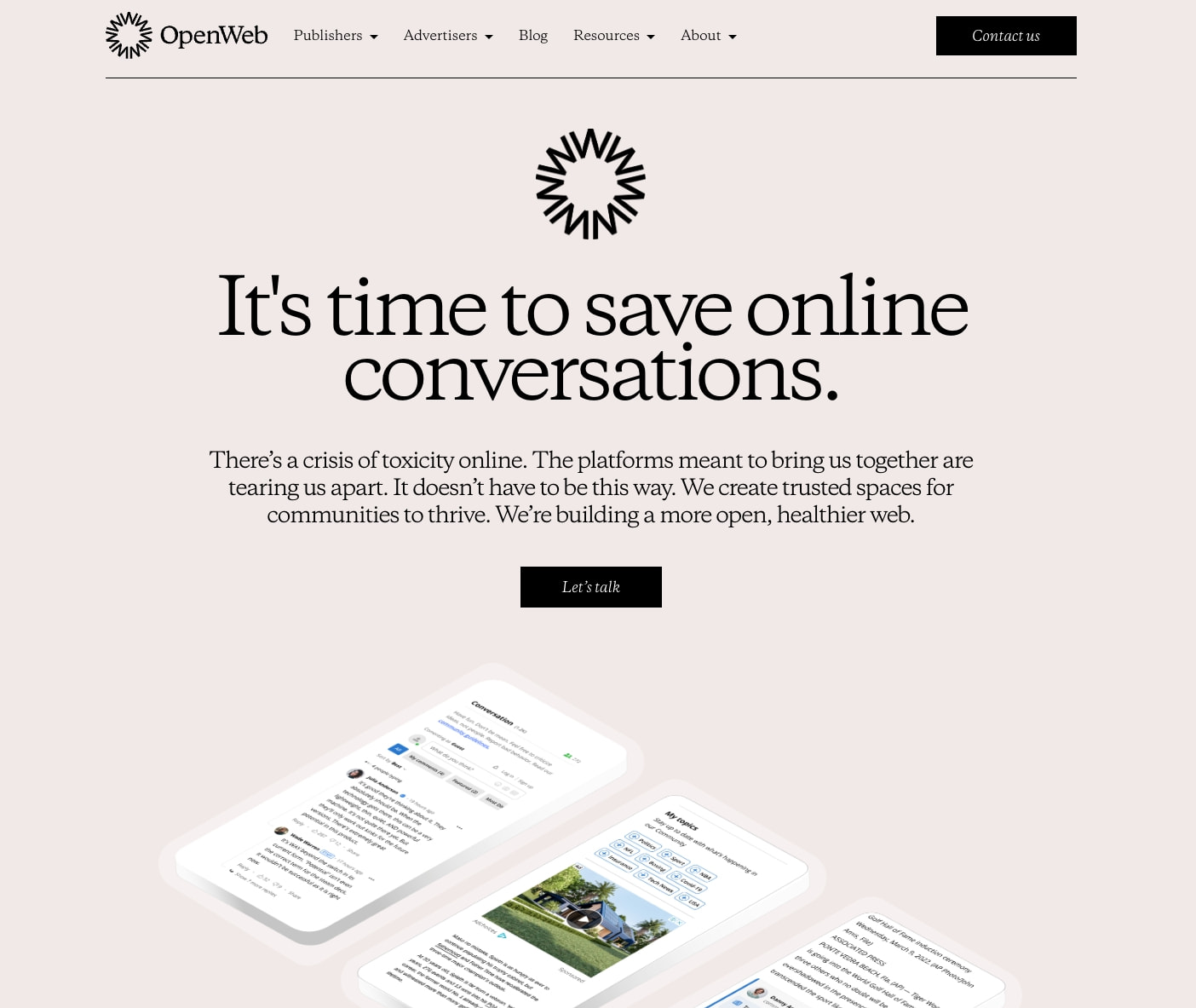 Full hero composition with diagonal phone mockups displaying topic feeds and article cards with photography captured website design