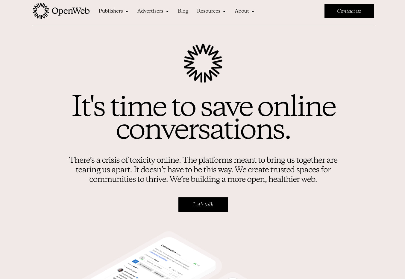 Upper hero area with navigation bar, centered sunburst logo, and black contact button on pale background captured website design