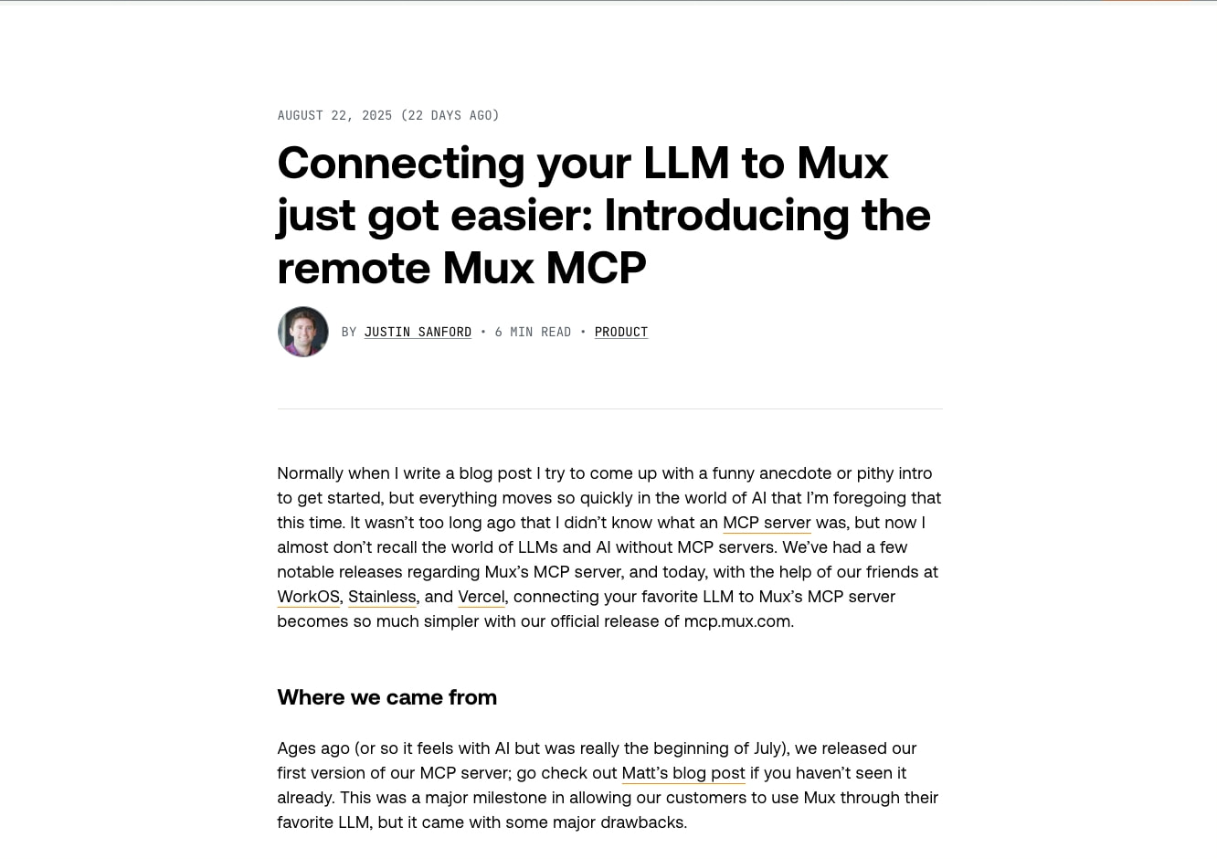 Connecting your LLM to Mux just got easier: Introducing the remote Mux MCP | Mux captured website design