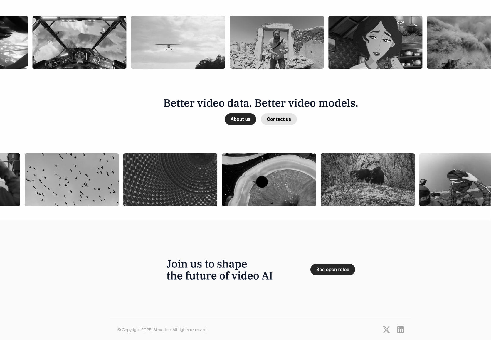 Homepage hero with black-and-white video thumbnail strips, centered serif tagline, dark and light pill buttons, and careers CTA section captured website design