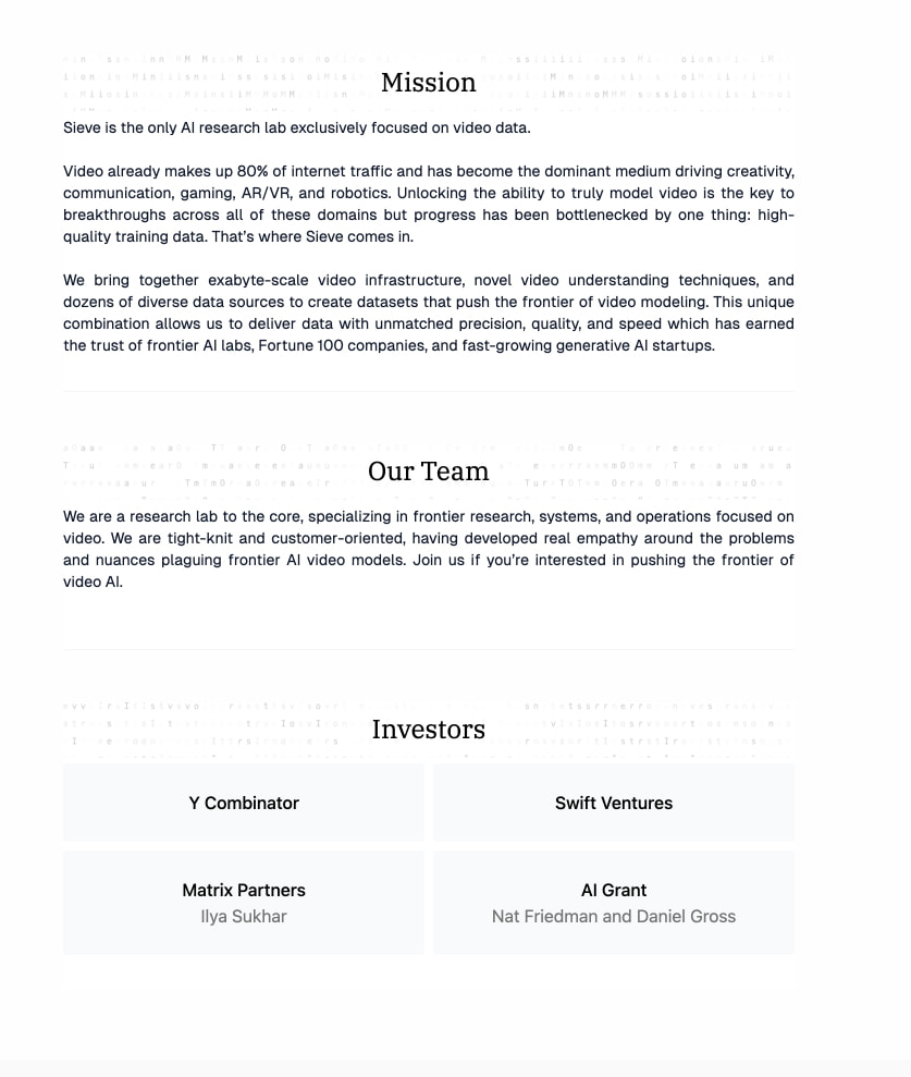 About page with Mission, Our Team, and Investors sections showing serif headings and investor card grid on light background captured website design