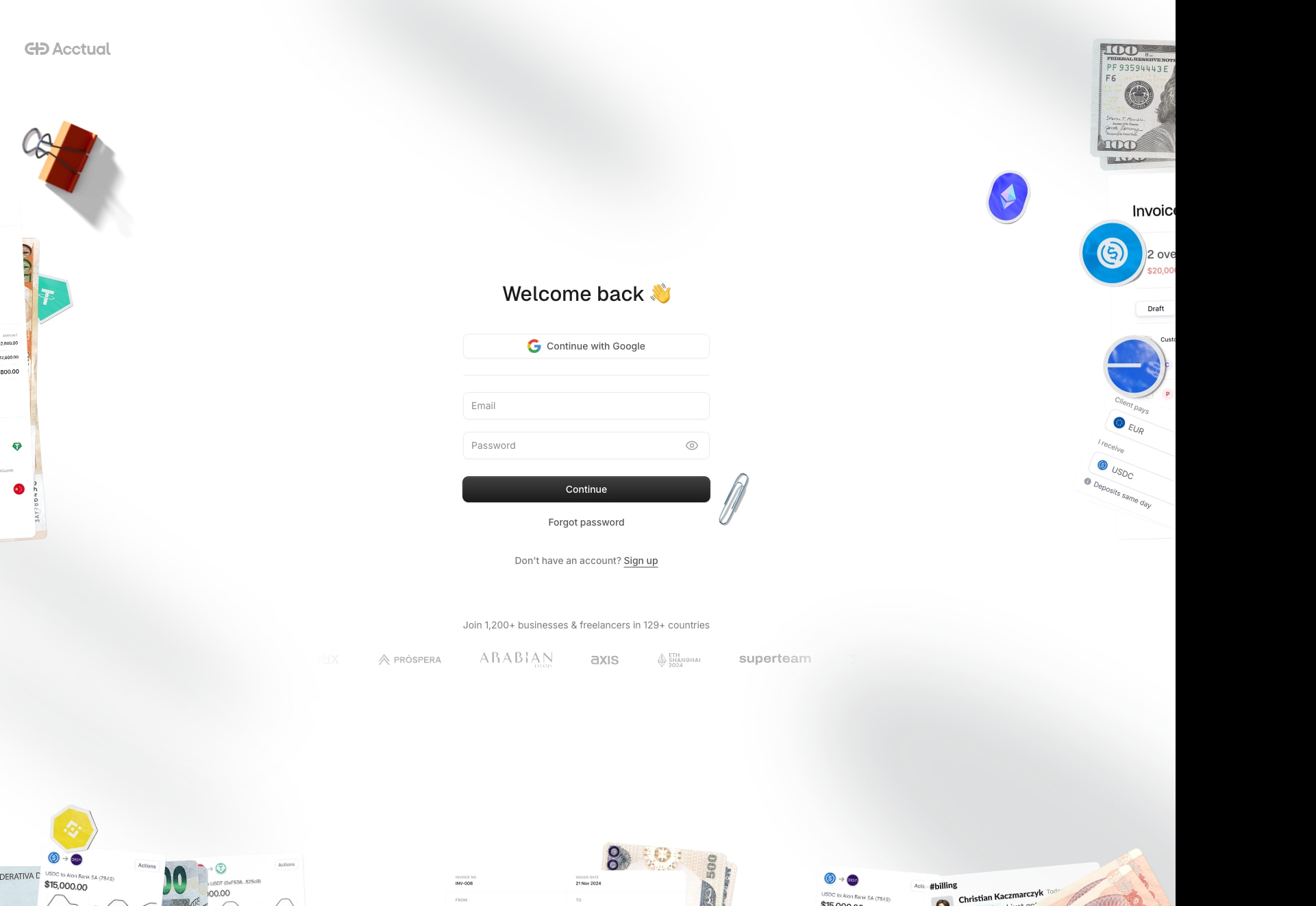 Login page with centered welcome message, Google SSO option, floating financial document previews at bottom, and muted partner logo row captured website design