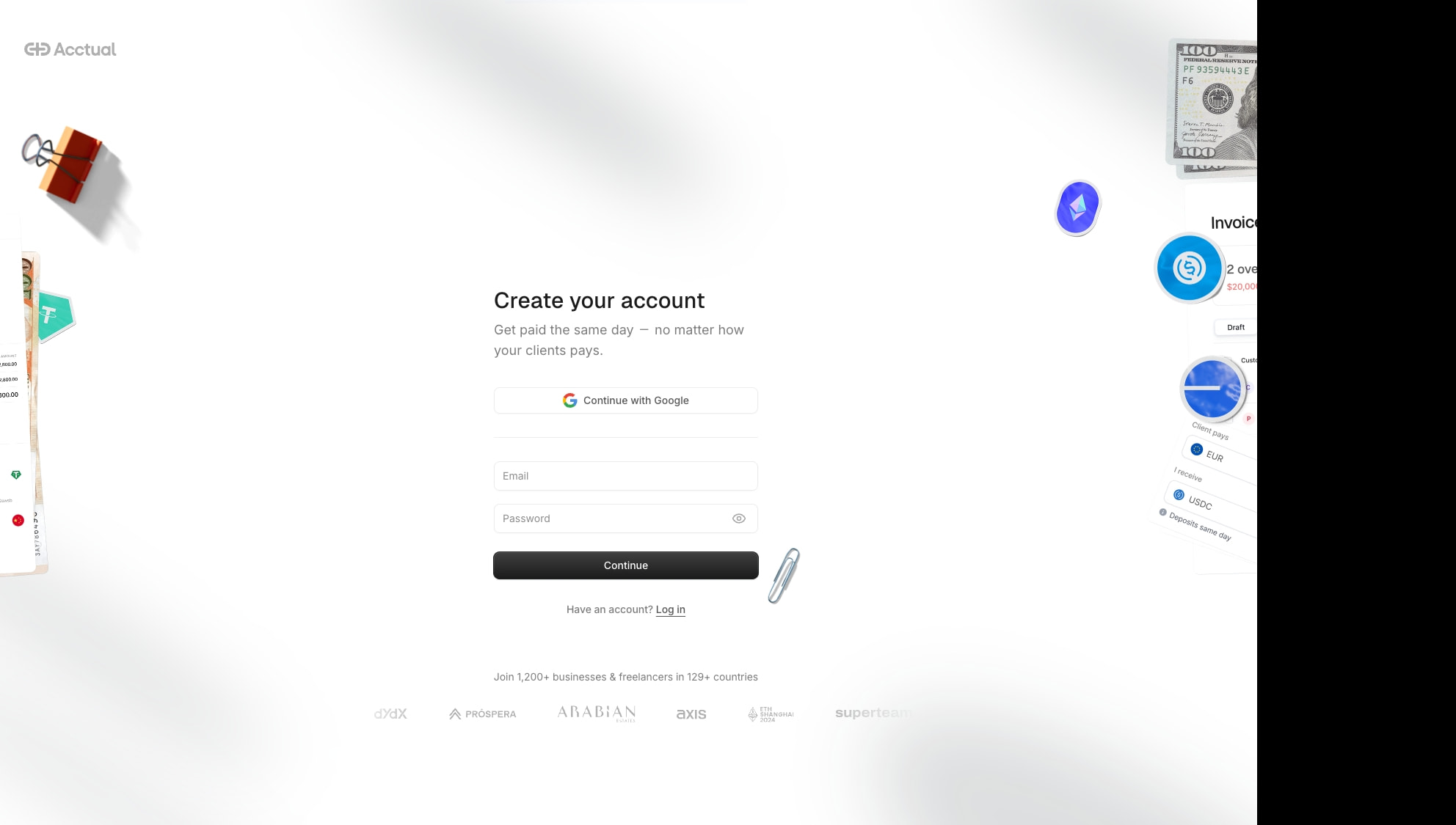 Sign-up page with centered form, floating 3D currency and invoice UI decorations, and dark primary action button on light gradient background captured website design