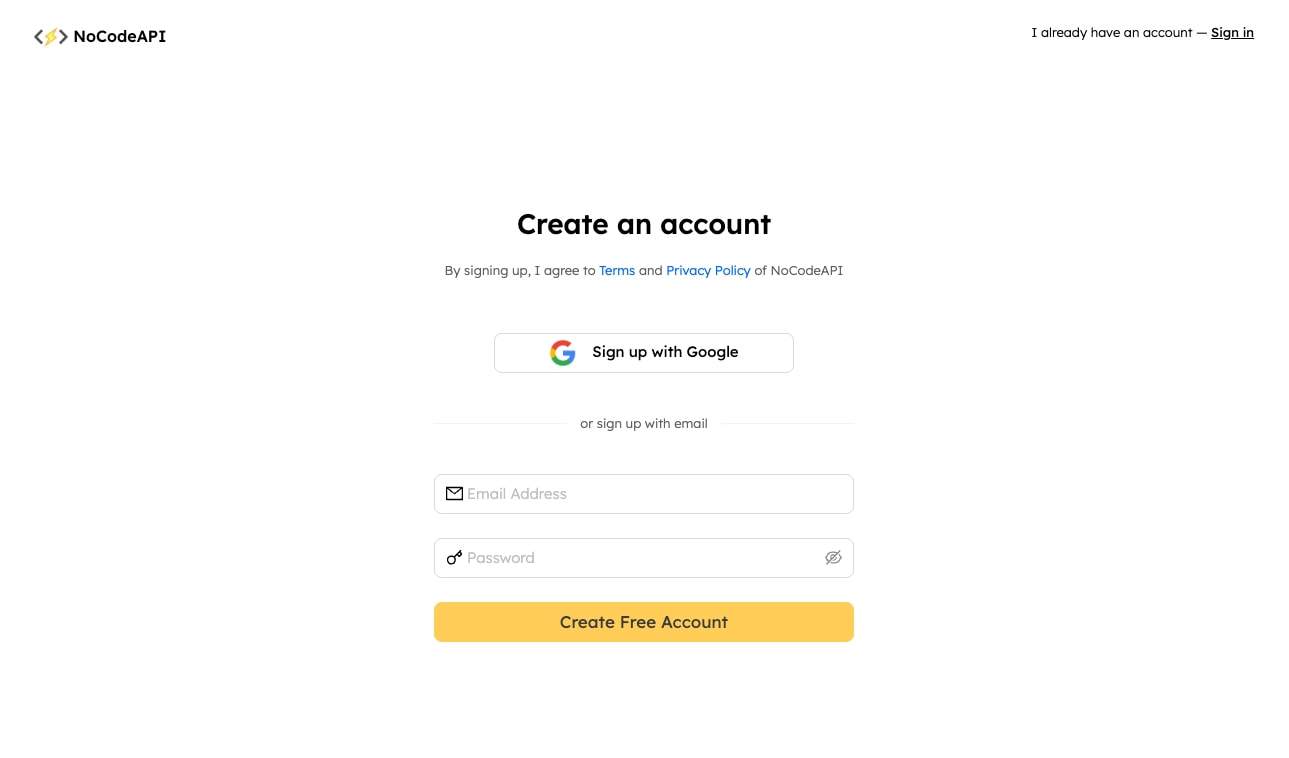 Sign-up page with centered form, yellow submit button, Google SSO option, terms agreement text with blue links, and minimal header captured website design