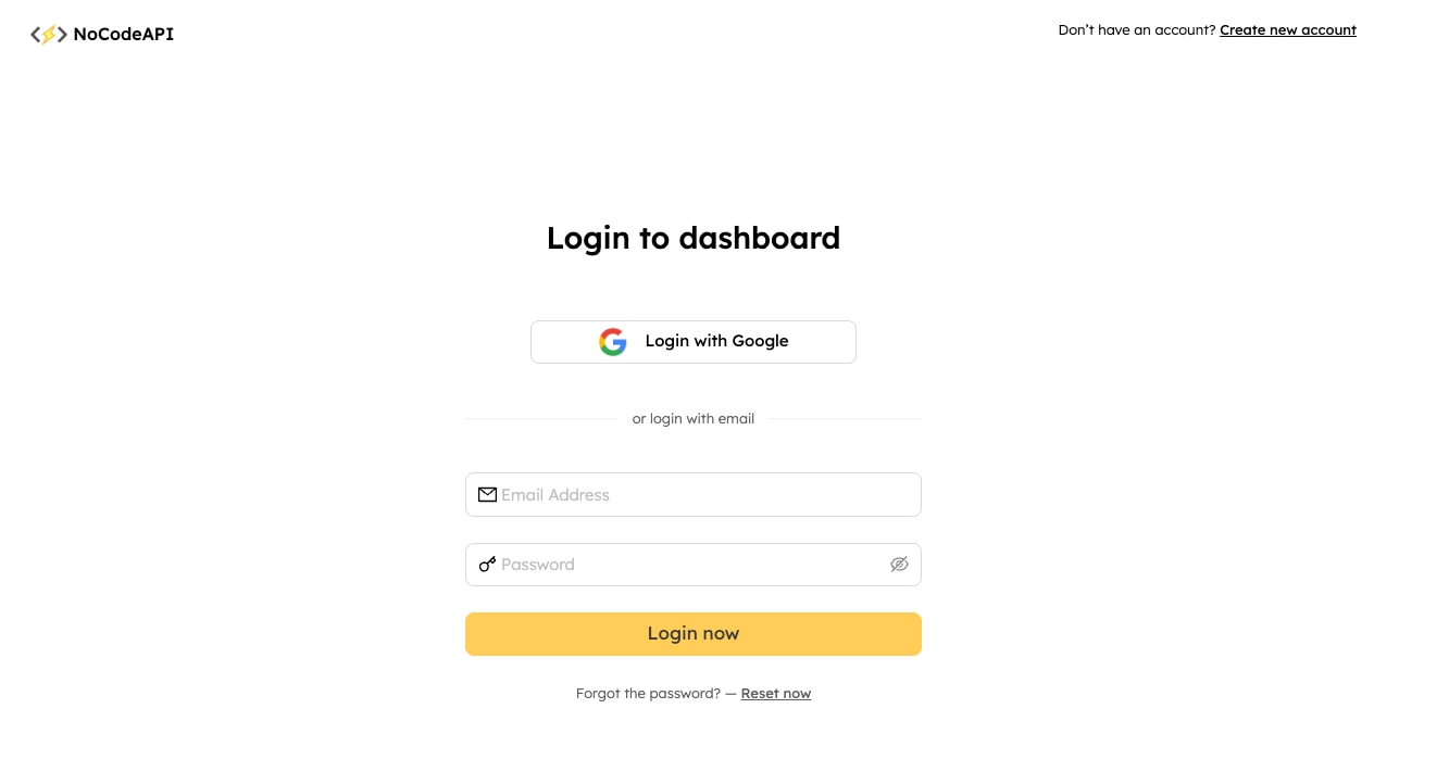 Login page with centered form, yellow submit button, Google SSO option, and minimal header with NoCodeAPI logo captured website design