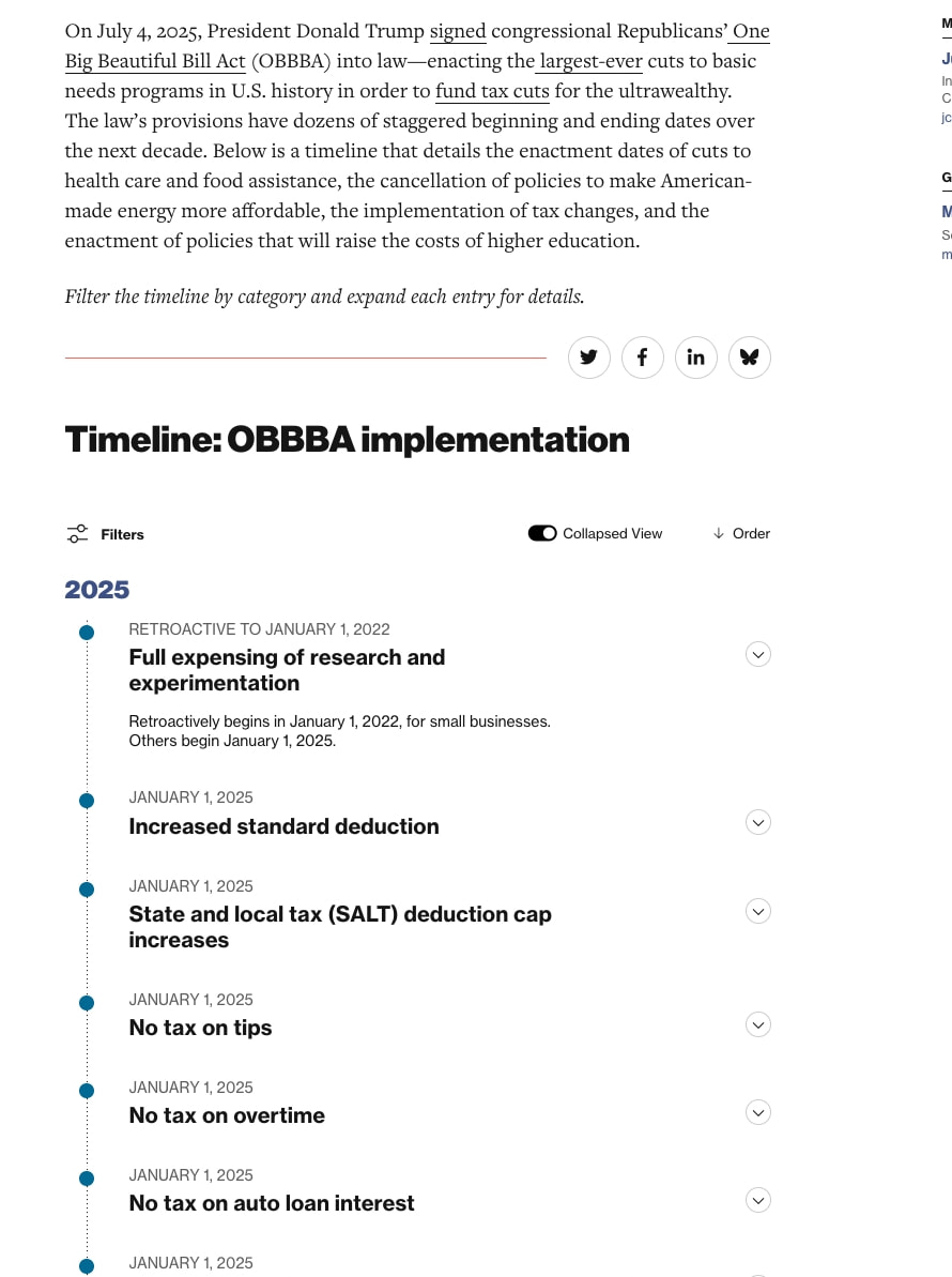 The Implementation Timeline of the One Big Beautiful Bill Act - Center for American Progress captured website design