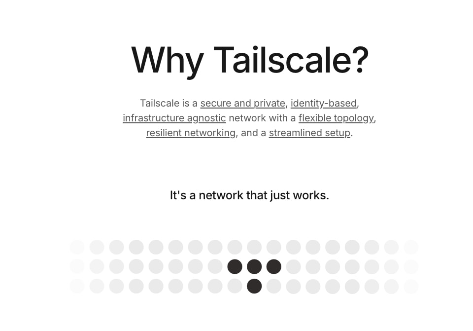 Why Tailscale hero with large centered display heading, descriptive paragraph with multiple underlined links, and decorative dot grid pattern below captured website design