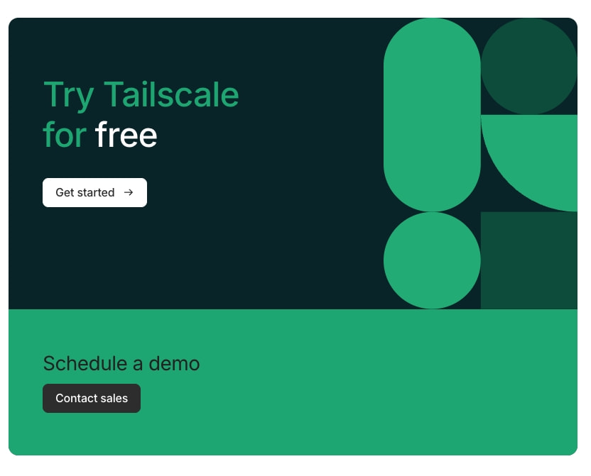 Dark green promotional card with geometric shapes, split into free trial CTA with white button and demo scheduling section with dark button on green background captured website design