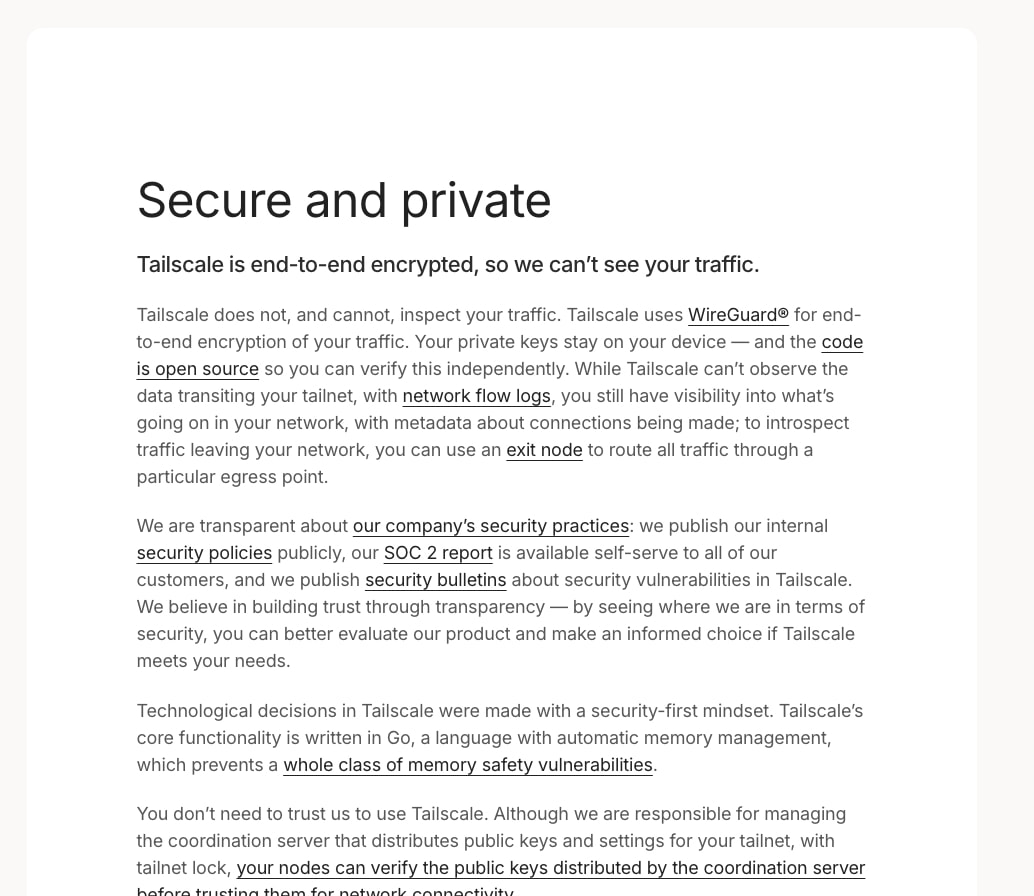 Why Tailscale security section with large heading, body text with underlined inline links, and clean white background with generous line spacing captured website design