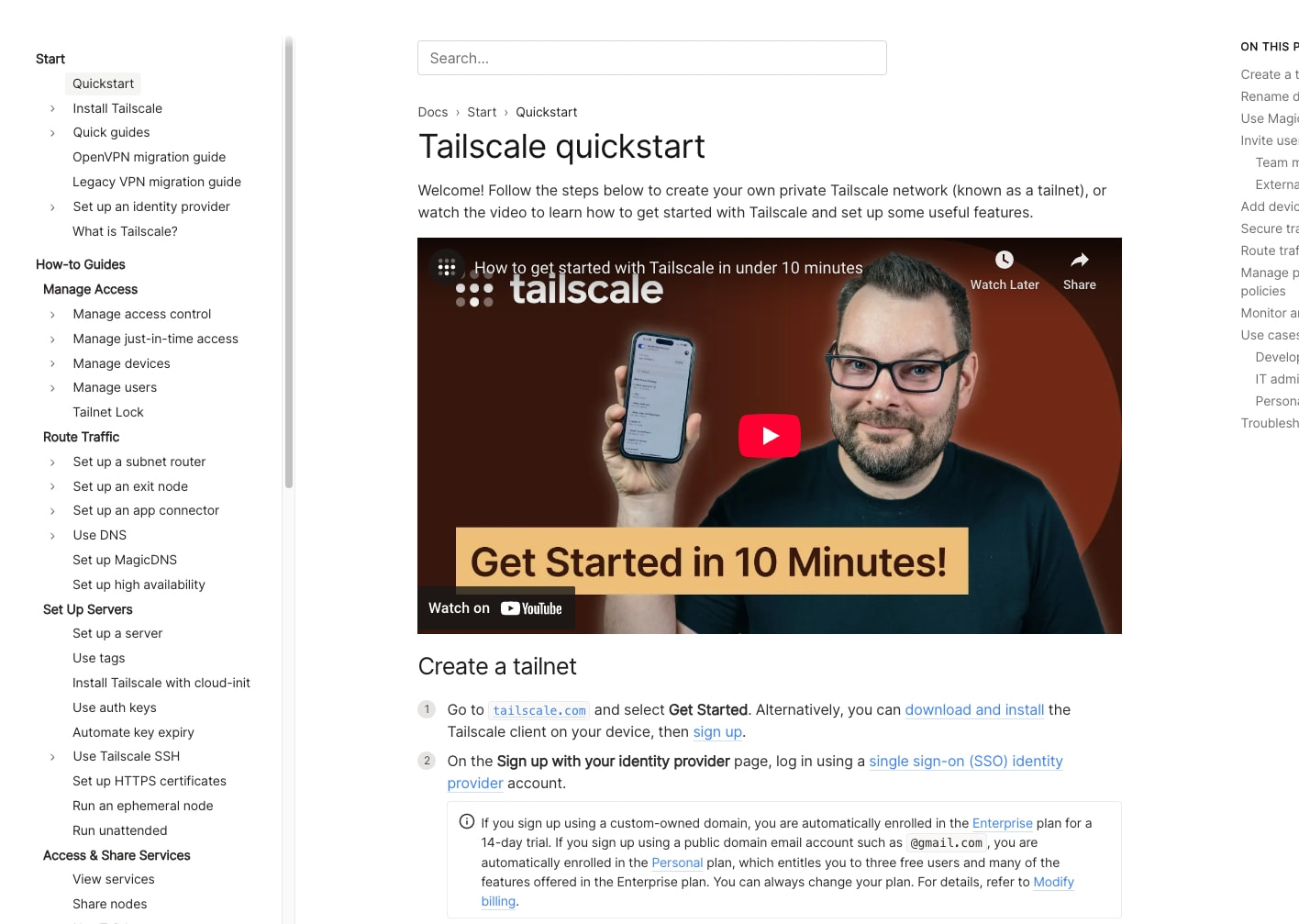 Documentation quickstart page with left navigation sidebar, embedded YouTube video, and step-by-step numbered instructions with inline code styling captured website design
