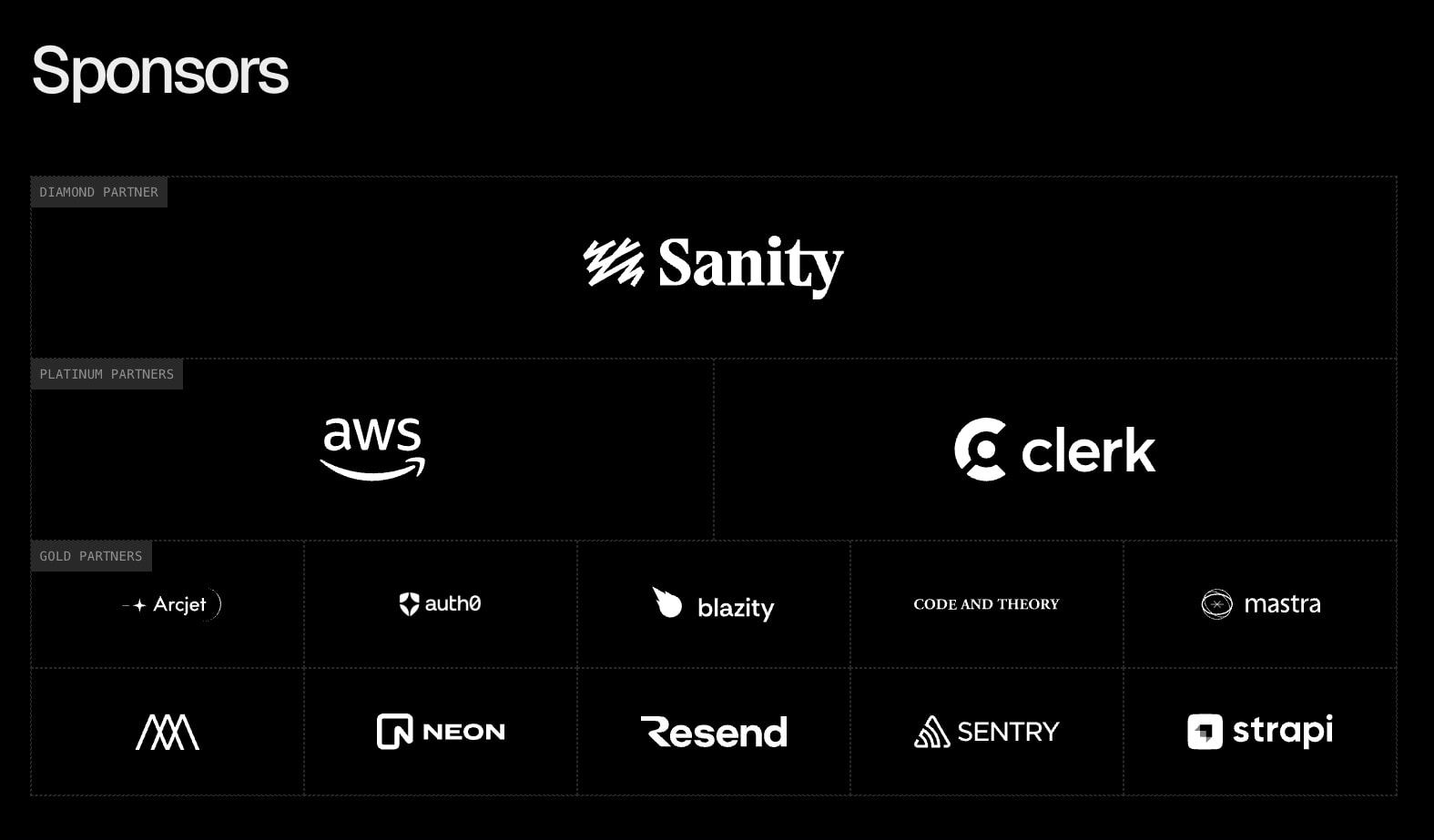 Sponsors section with tiered partner grid showing Sanity, AWS, Clerk, and smaller logos captured website design