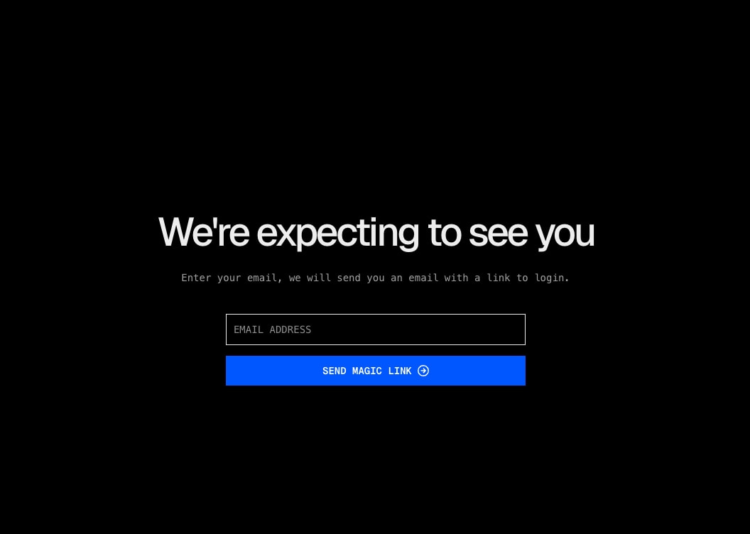 Centered login form with large white heading, blue action button, and email input field captured website design