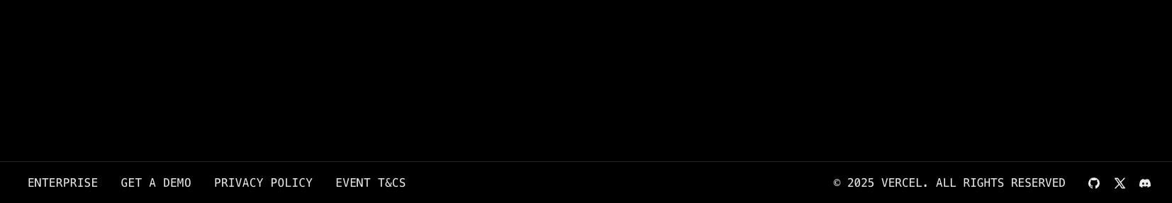 Footer bar with monospace navigation links and social icons on pure black background captured website design