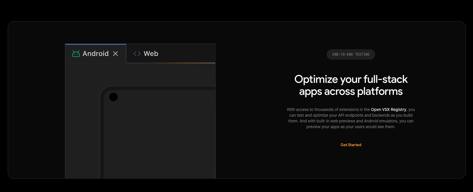 Platform showcase with Android and Web tabs, device mockup, and right-aligned text content on dark surface captured website design
