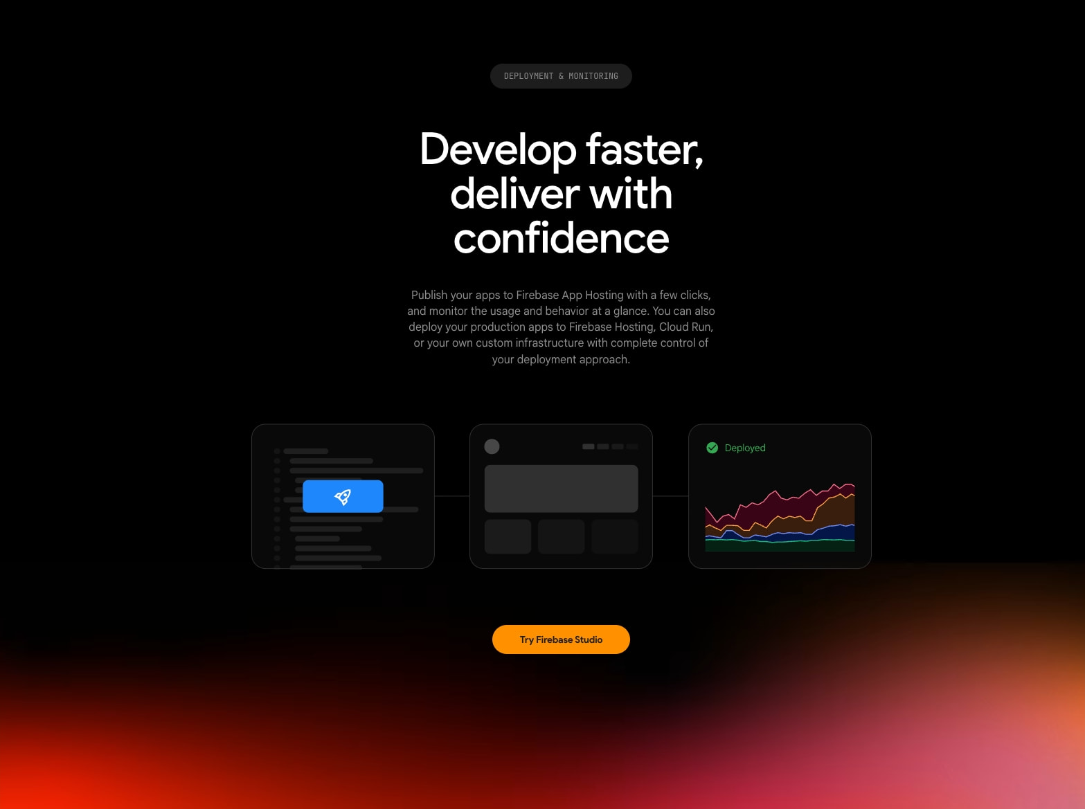 Feature section with dark canvas, three UI mockup cards, orange pill button, and gradient glow at bottom captured website design