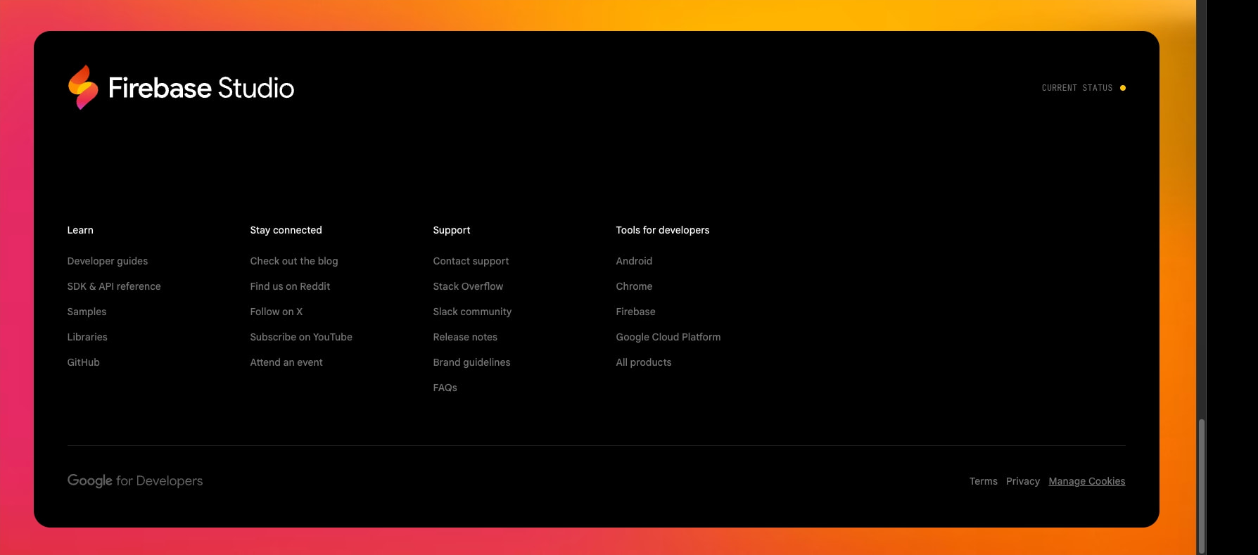 Footer section with Firebase Studio logo, four-column link grid, and gradient border on black canvas captured website design