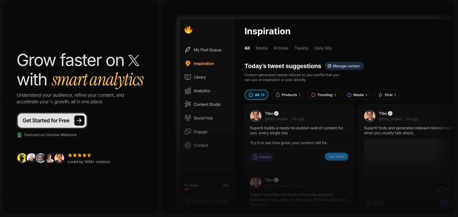 SuperX helps you grow faster on 𝕏 Twitter captured website design