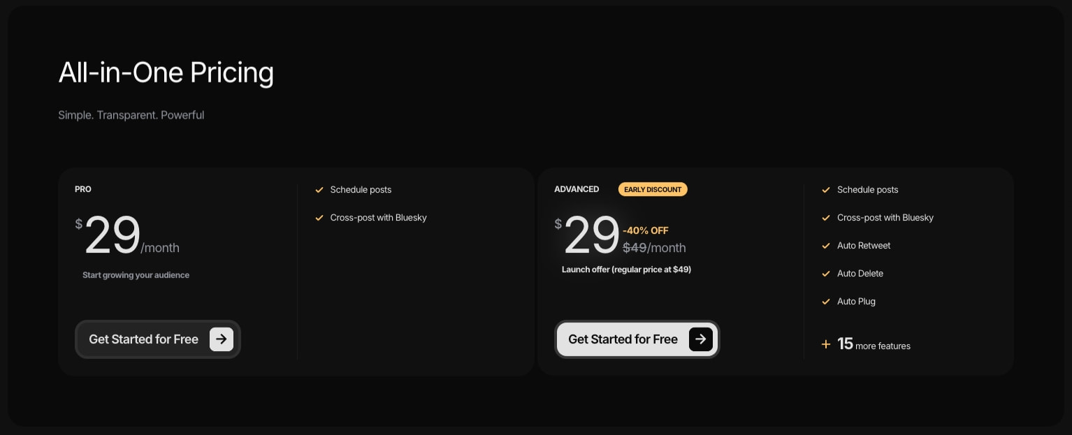 Pricing section with PRO and ADVANCED tiers, large numeral pricing, feature checklists, and pill-shaped discount badge captured website design