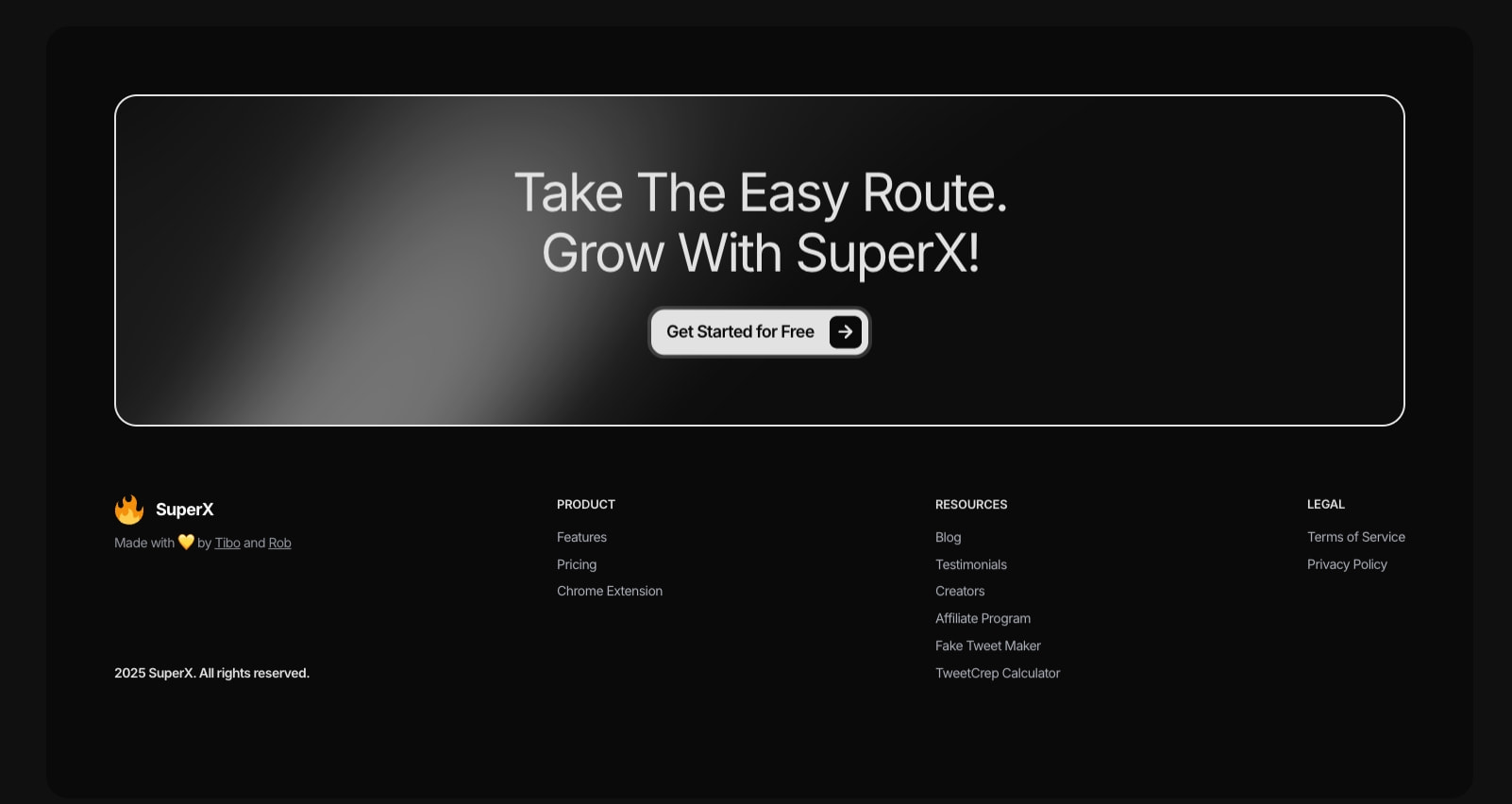 Footer CTA panel with gradient spotlight effect, rounded white button, and four-column footer with flame logo and link columns captured website design