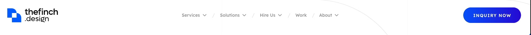 Navigation bar with blue geometric logo, gray text links with chevrons, and blue pill-shaped inquiry button captured website design